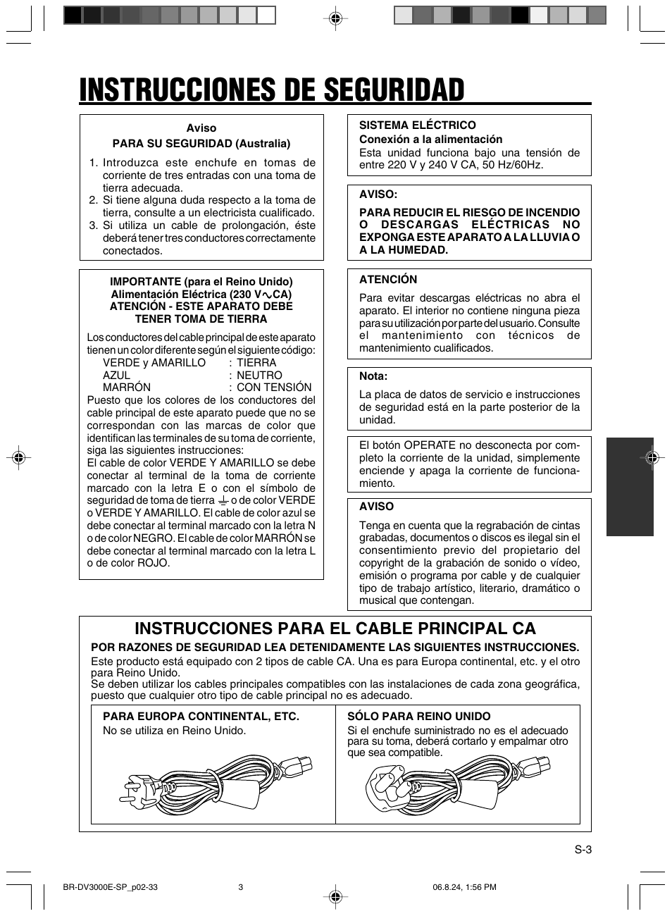 Instrucciones de seguridad, Instrucciones para el cable principal ca | JVC BR-DV600AE User Manual | Page 216 / 356