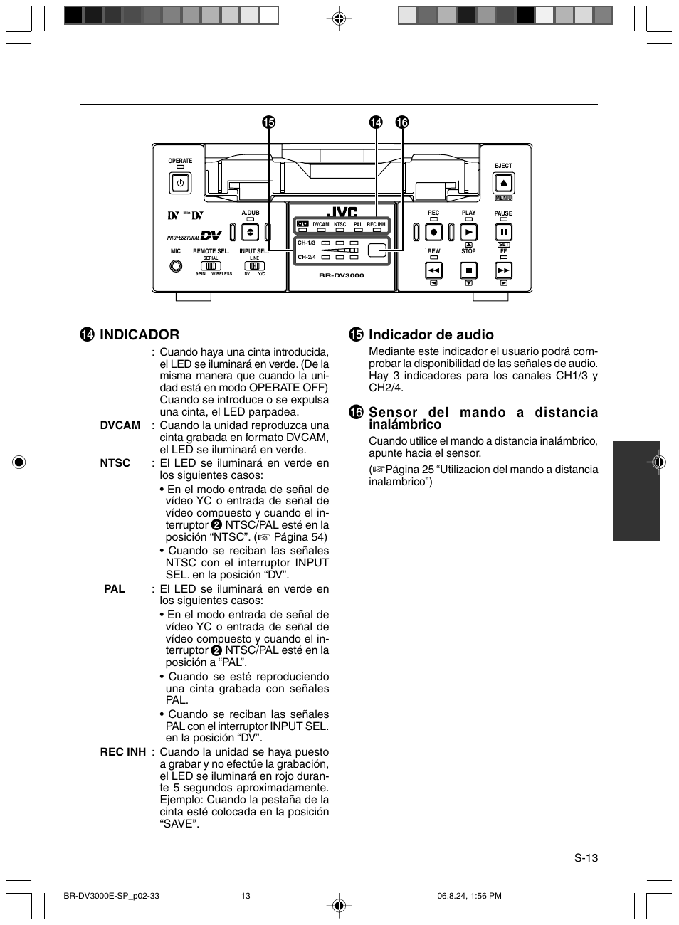 Indicador, Indicador de audio, Sensor del mando a distancia inalámbrico | JVC BR-DV600AE User Manual | Page 226 / 356