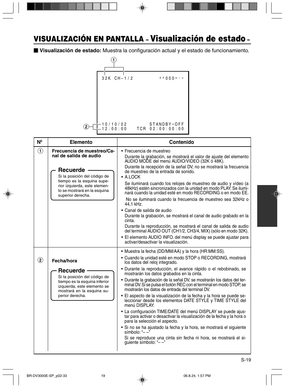 Visualizacion de estado, Visualización de estado, Visualización en pantalla | JVC BR-DV600AE User Manual | Page 232 / 356
