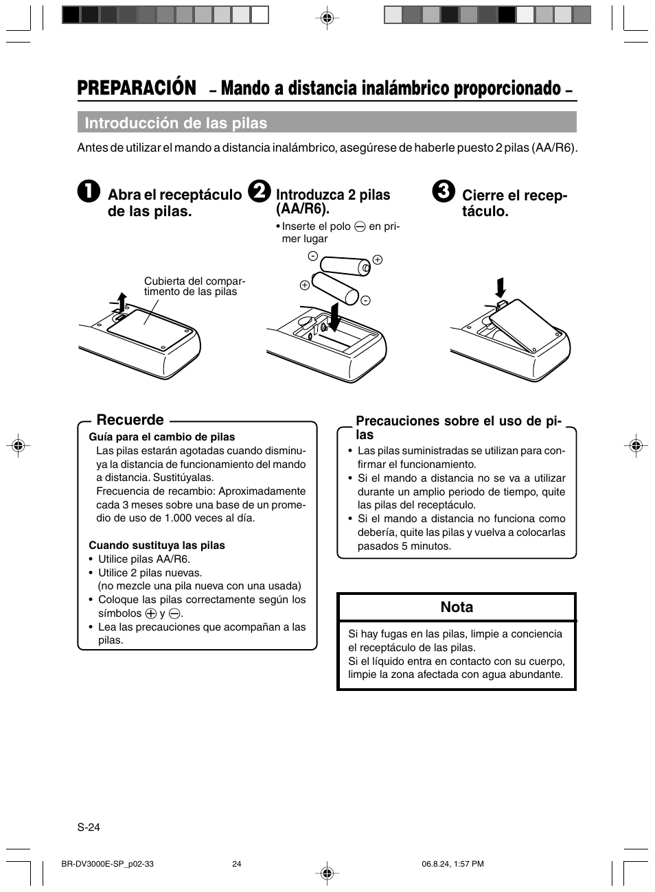 Preparacion, Mando a distancia inalambrico proporcionado, Preparación | Mando a distancia inalámbrico proporcionado, Introducción de las pilas, Abra el receptáculo de las pilas, Cierre el recep- táculo, Recuerde, Nota, Introduzca 2 pilas (aa/r6) | JVC BR-DV600AE User Manual | Page 237 / 356