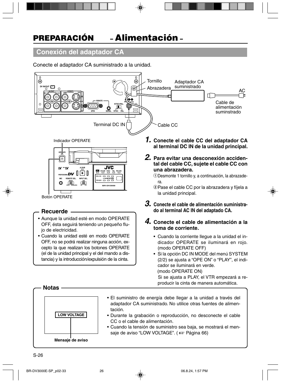 Alimentacion, Alimentación, Preparación | Conexión del adaptador ca, Recuerde, Notas, Conecte el adaptador ca suministrado a la unidad | JVC BR-DV600AE User Manual | Page 239 / 356
