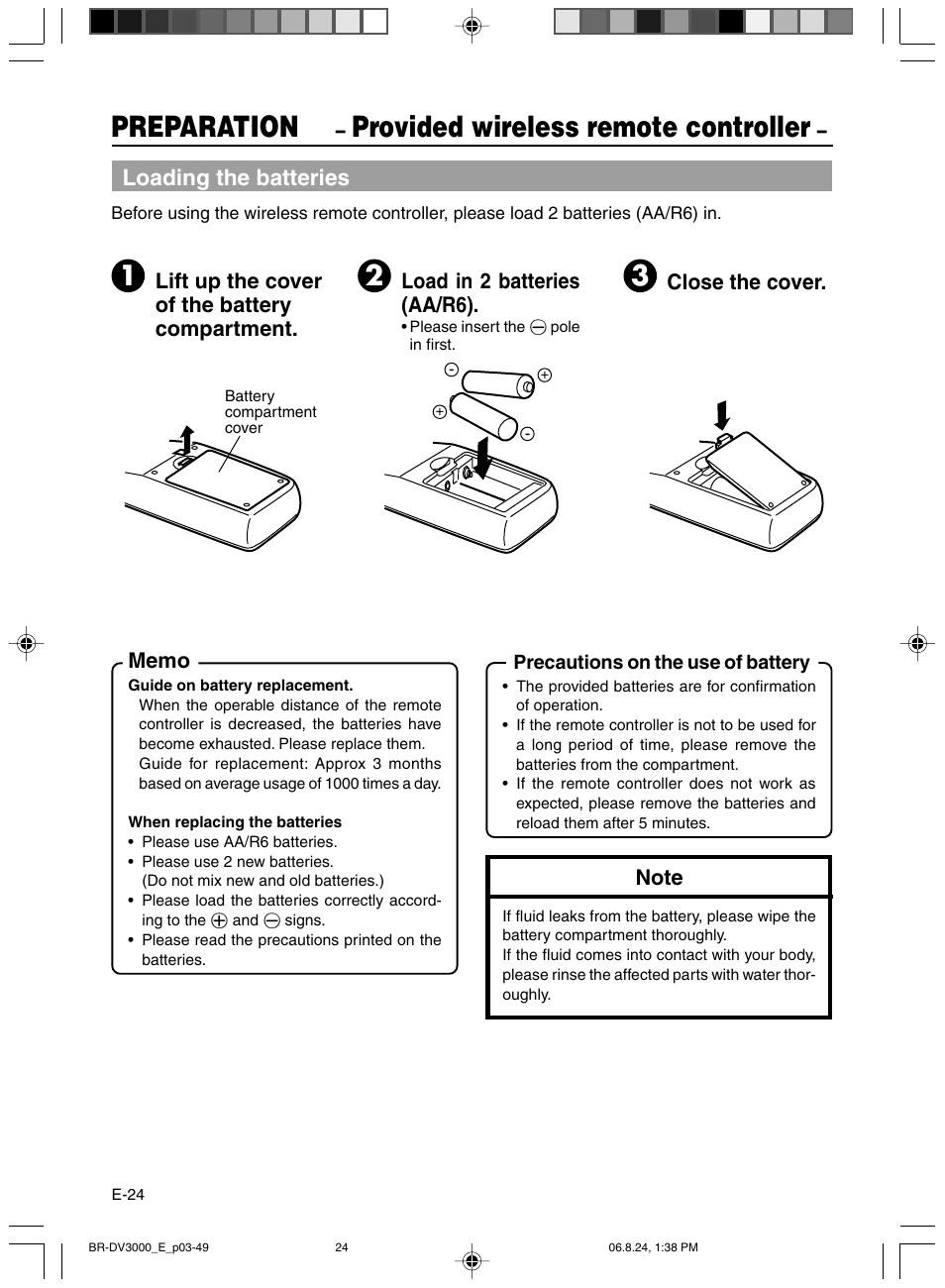 Preparation, Provided wireless remote controller, Loading the batteries | Lift up the cover of the battery compartment, Load in 2 batteries (aa /r6), Close the cover | JVC BR-DV600AE User Manual | Page 24 / 356