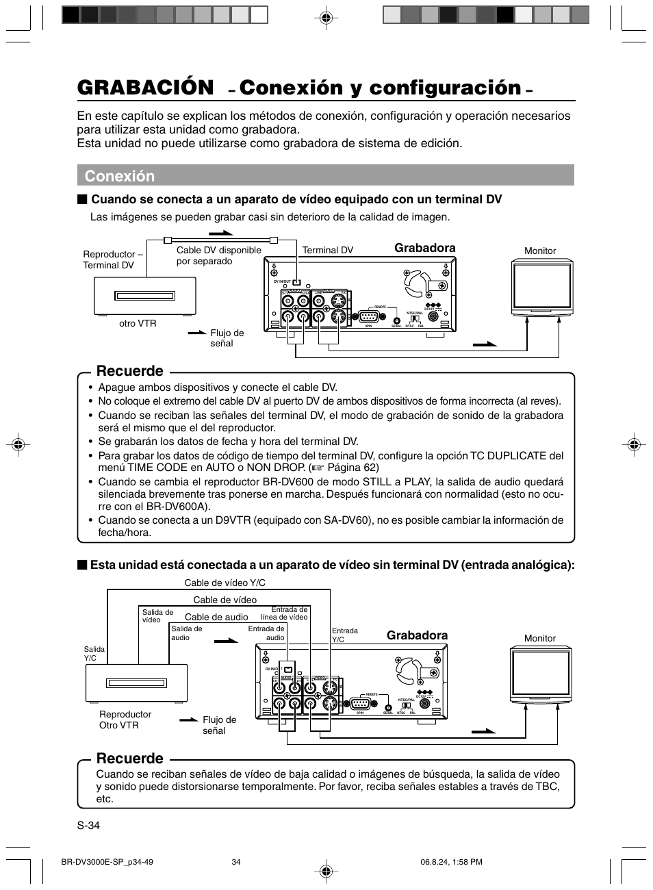 Grabacion, Conexion y configuracion, Grabación | Conexión y configuración, Conexión, Recuerde, Grabadora, S-34 | JVC BR-DV600AE User Manual | Page 247 / 356