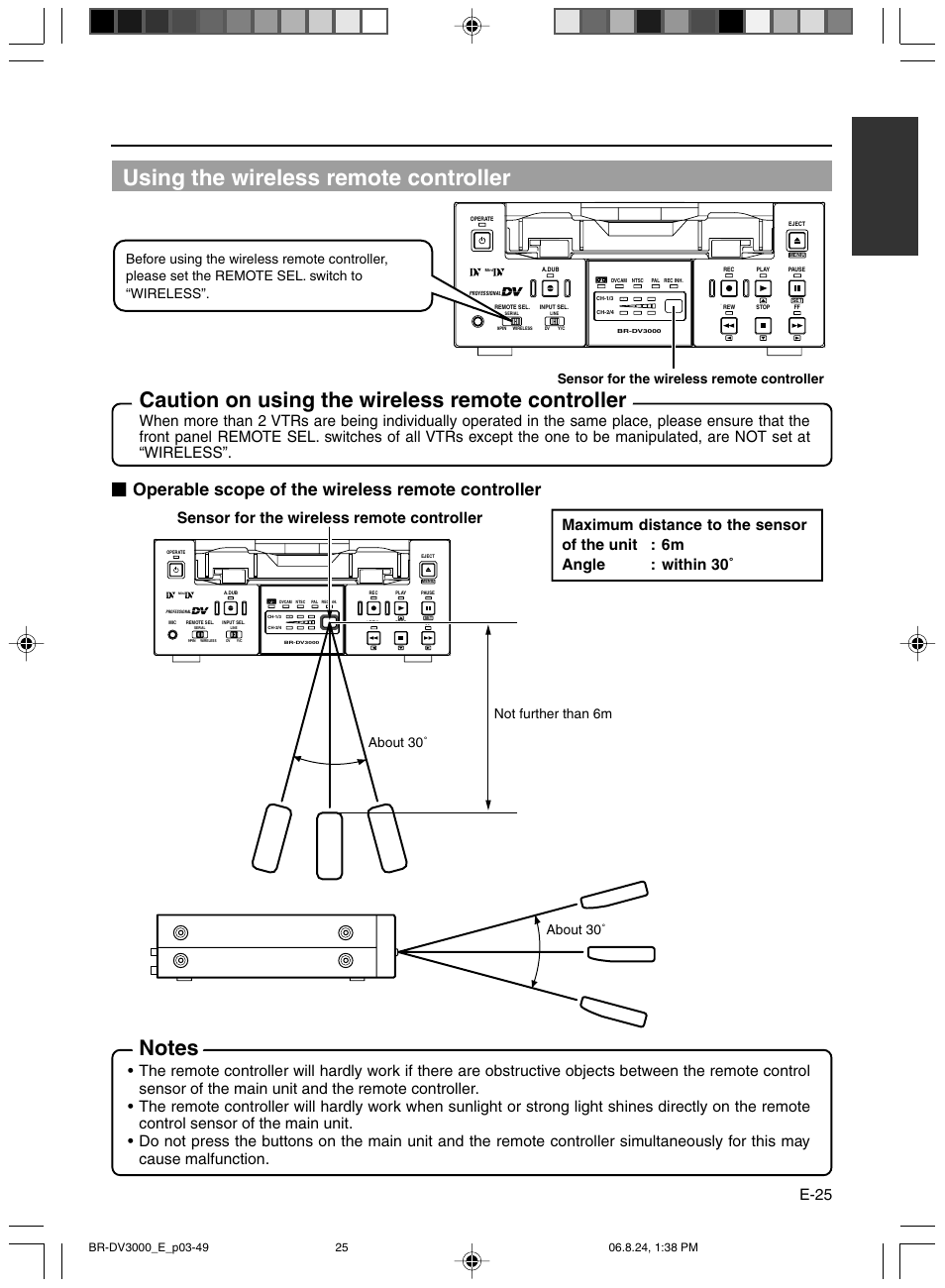 Using the wireless remote controller, Caution on using the wireless remote controller, Operable scope of the wireless remote controller | E-25, Sensor for the wireless remote controller, About 30, About 30˚ not further than 6m | JVC BR-DV600AE User Manual | Page 25 / 356