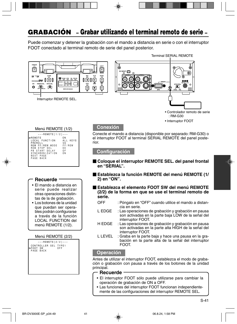 Grabar utilizando el terminal remoto de serie, Grabación, Recuerde | Conexión, Configuración, Operación, S-41, Menú remote (1/2) menú remote (2/2) | JVC BR-DV600AE User Manual | Page 254 / 356