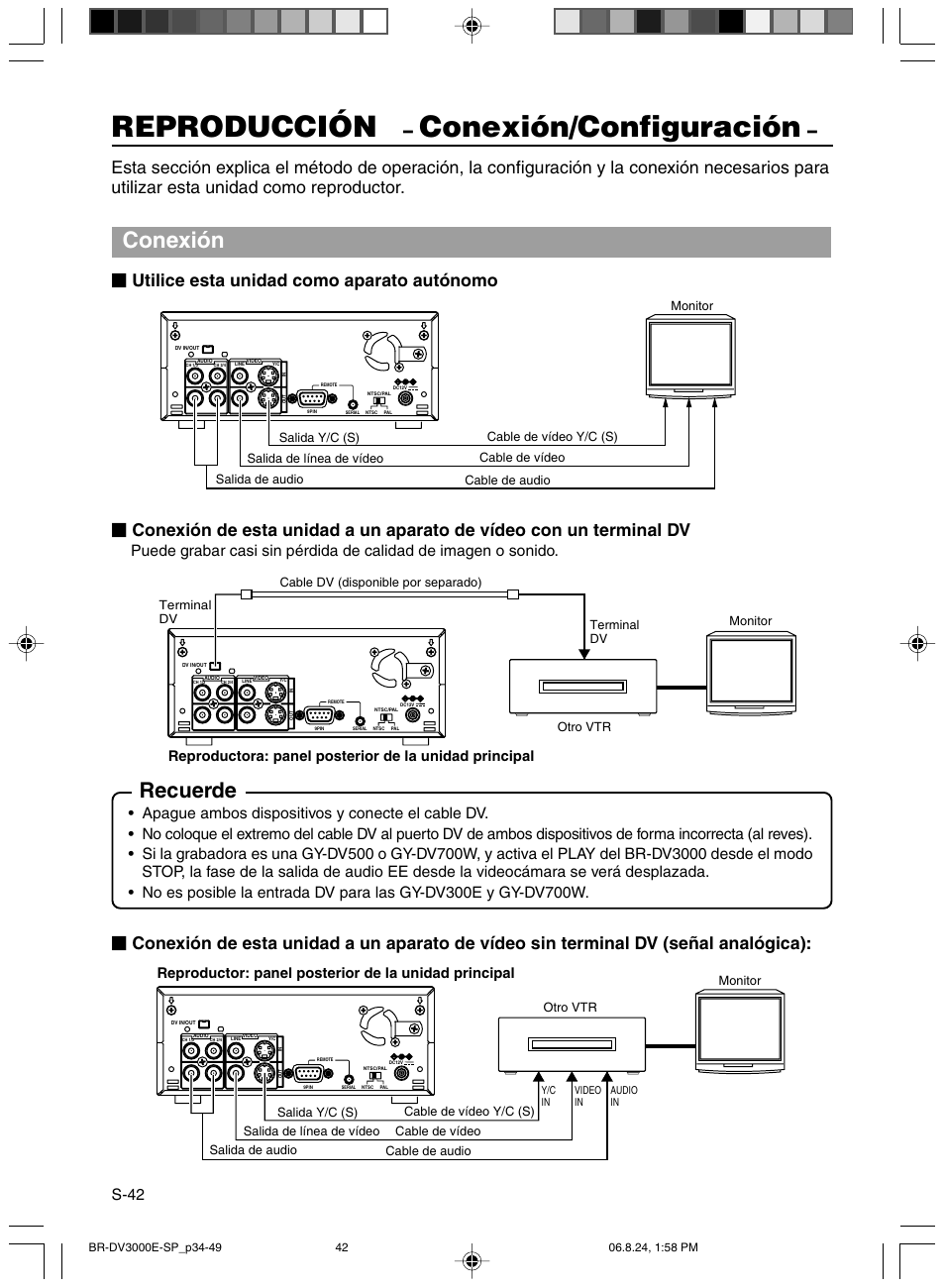 Reproduccion, Conexion/configuracion, Reproducción | Conexión/configuración, Conexión, Recuerde, Utilice esta unidad como aparato autónomo, S-42 | JVC BR-DV600AE User Manual | Page 255 / 356