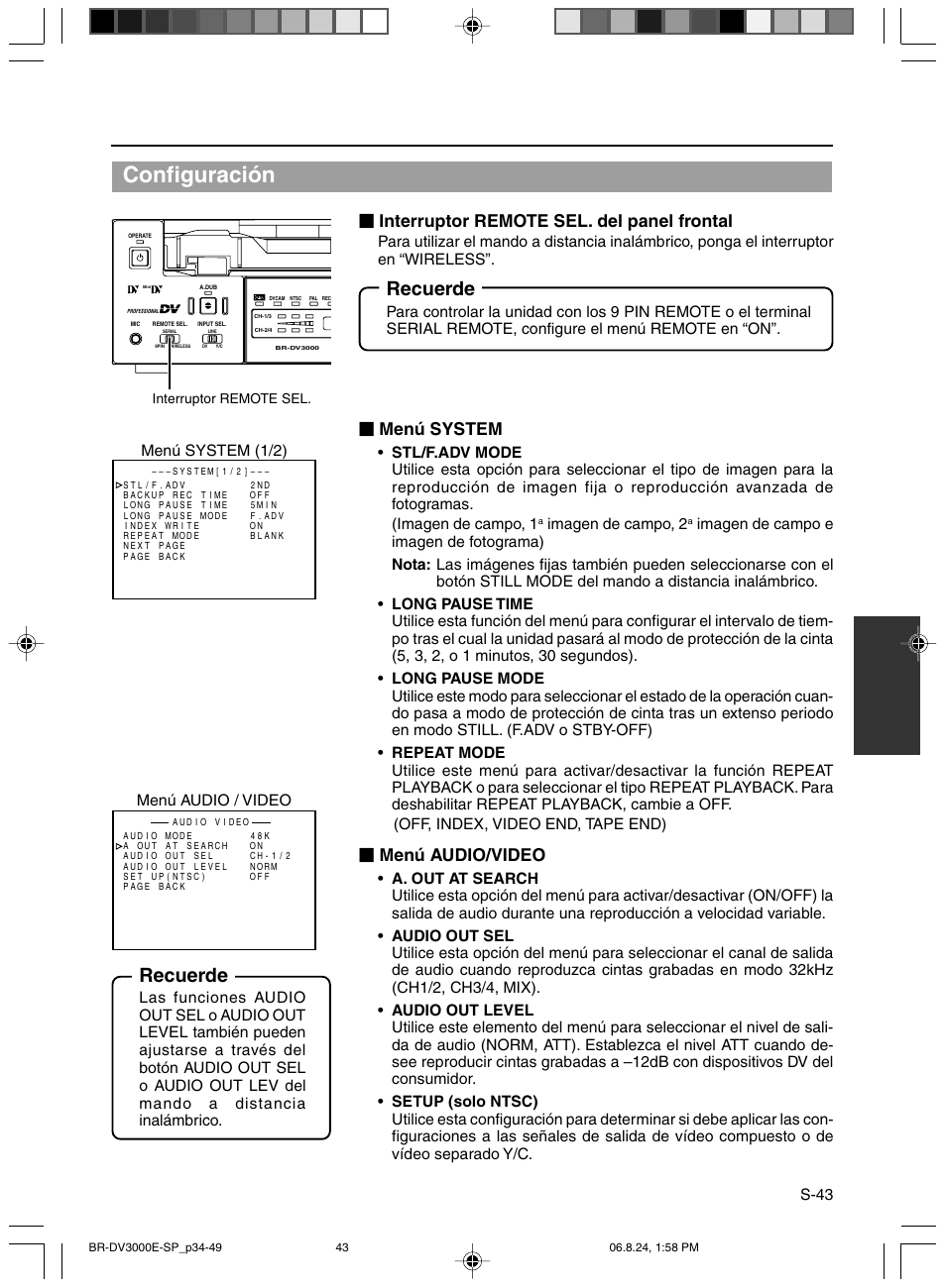 Configuración, Recuerde, Interruptor remote sel. del panel frontal | Menú system, Menú audio/video, S-43, Imagen de campo, 2, Menú system (1/2) menú audio / video | JVC BR-DV600AE User Manual | Page 256 / 356