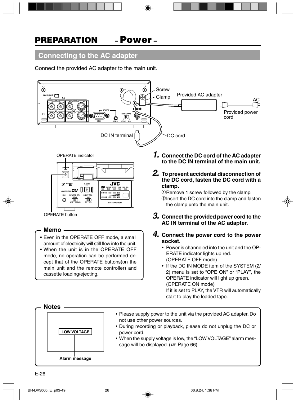 Power, Preparation, Connecting to the ac adapter | Connect the provided ac adapter to the main unit, Connect the power cord to the power socket | JVC BR-DV600AE User Manual | Page 26 / 356