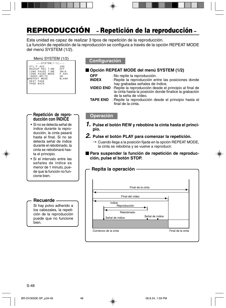 Repeticion de la reproduccion, Reproducción, Repetición de la reproducción | Configuración, Operación, Recuerde | JVC BR-DV600AE User Manual | Page 261 / 356