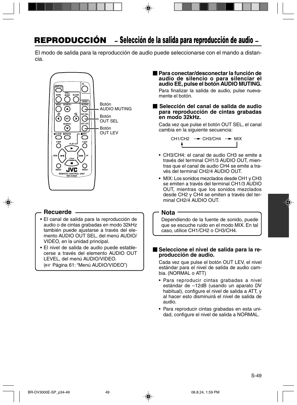 Seleccion de la salida para reproduccion de audio, Selección de la salida para reproducción de audio, Reproducción | Recuerde, Nota | JVC BR-DV600AE User Manual | Page 262 / 356