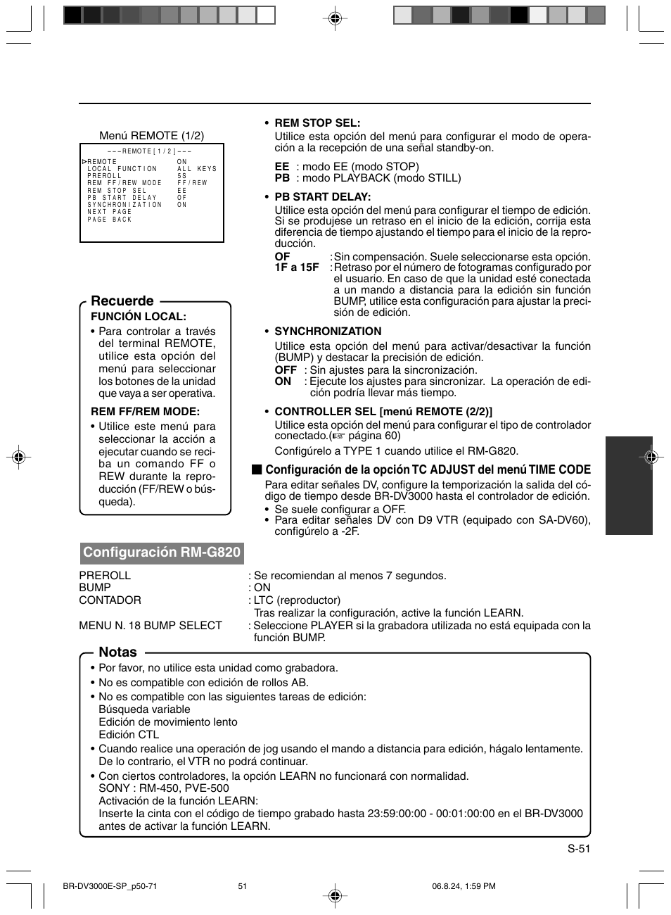Recuerde, Notas, Configuración rm-g820 | JVC BR-DV600AE User Manual | Page 264 / 356