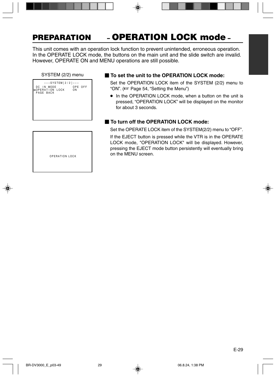 Operation lock mode, Preparation | JVC BR-DV600AE User Manual | Page 29 / 356