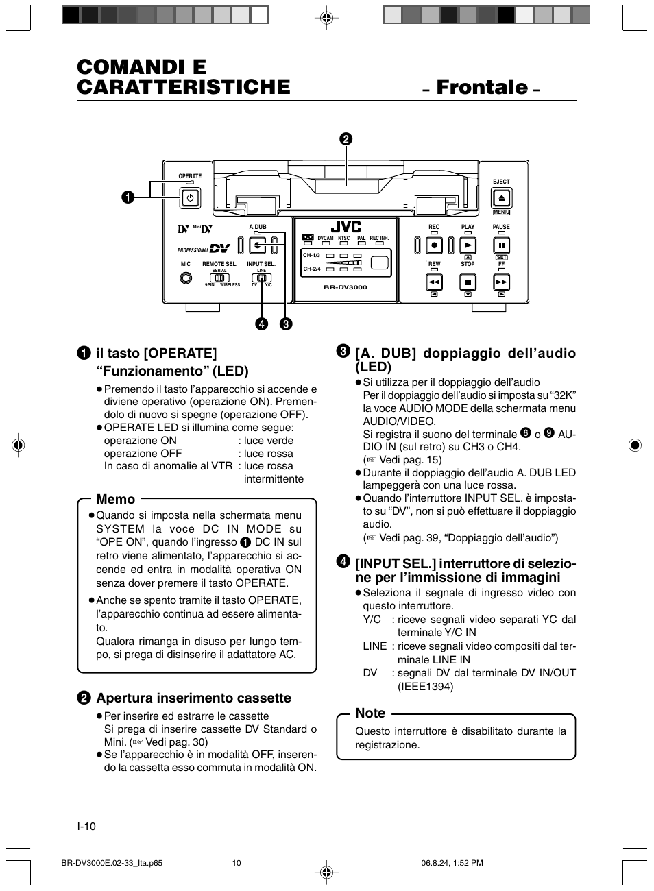 Comandi e caratteristiche, Frontale, Il tasto [operate] “funzionamento” (led) | Apertura inserimento cassette, A. dub] doppiaggio dell’audio (led) | JVC BR-DV600AE User Manual | Page 294 / 356