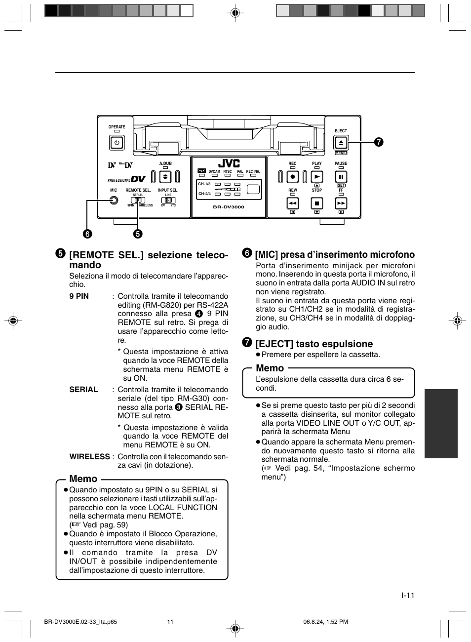 Remote sel.] selezione teleco- mando, Mic] presa d’inserimento microfono, Eject] tasto espulsione | JVC BR-DV600AE User Manual | Page 295 / 356
