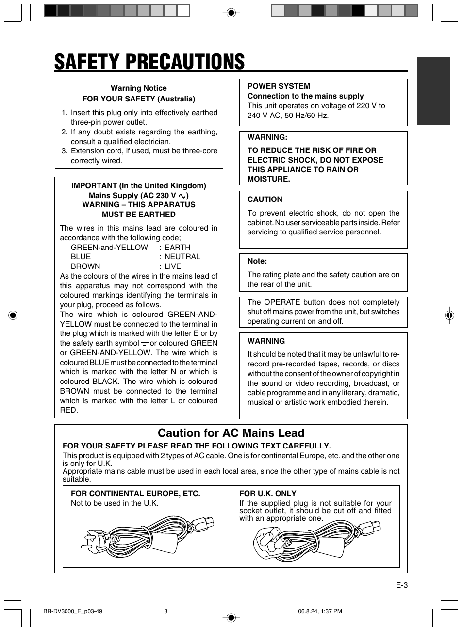 Safety precautions, Caution for ac mains lead | JVC BR-DV600AE User Manual | Page 3 / 356