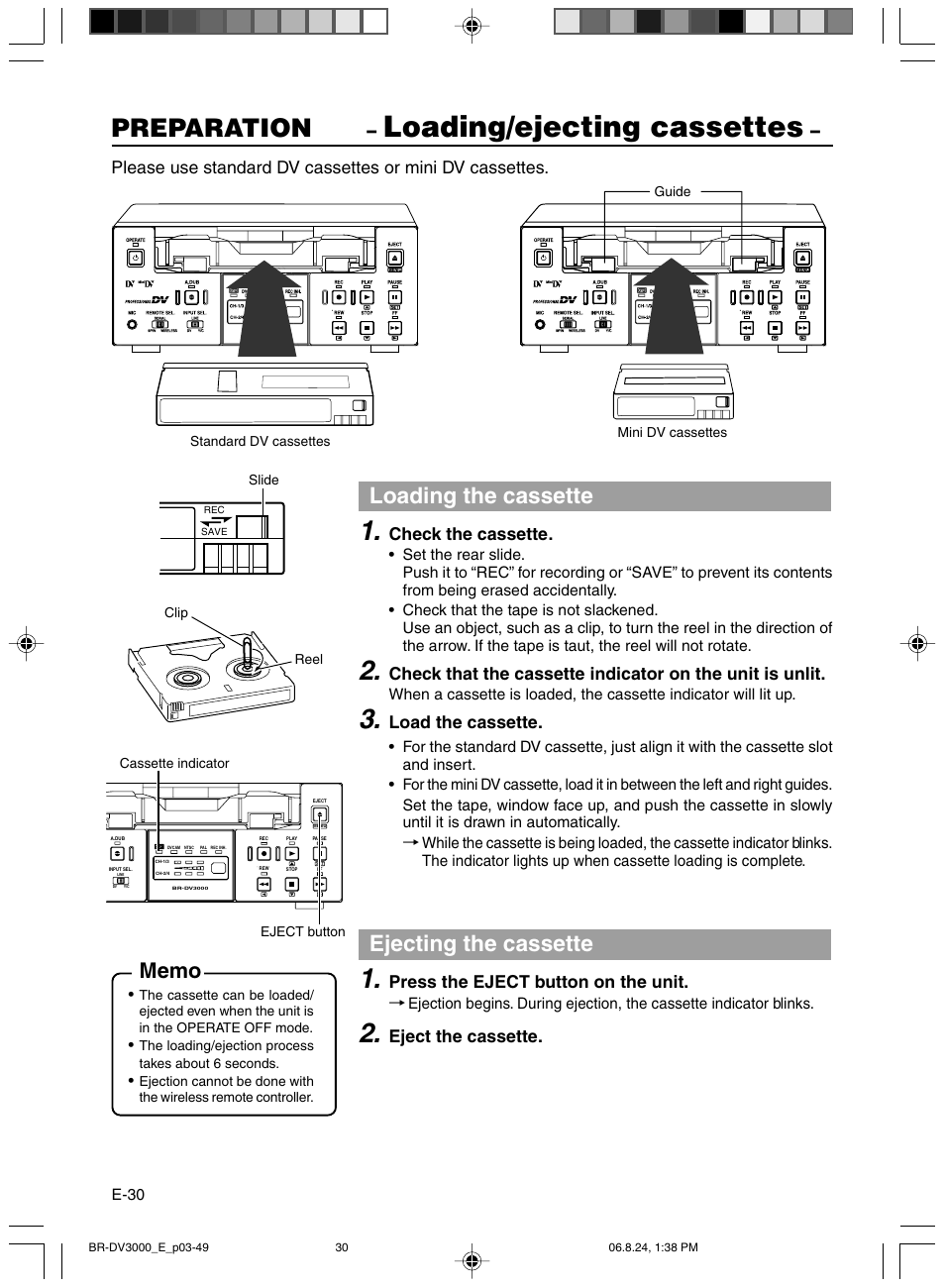 Loading/ejecting cassettes, Preparation, Loading the cassette | Ejecting the cassette, Check the cassette, Load the cassette, Press the eject button on the unit, Eject the cassette | JVC BR-DV600AE User Manual | Page 30 / 356