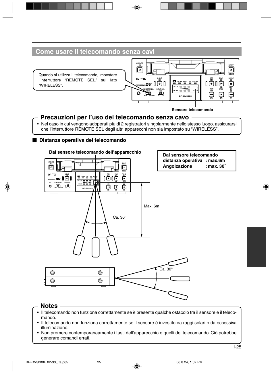 Come usare il telecomando senza cavi, Precauzioni per l’uso del telecomando senza cavo, Distanza operativa del telecomando | Dal sensore telecomando dell’apparecchio, Ca. 30, Ca. 30° max. 6m | JVC BR-DV600AE User Manual | Page 309 / 356