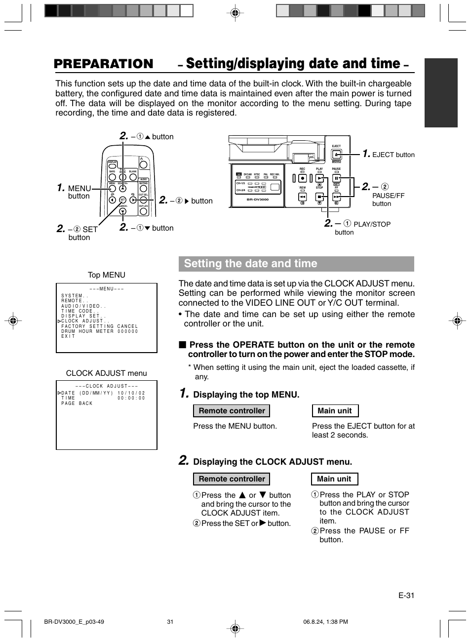 Setting/displaying date and time, Preparation, Setting the date and time | Displaying the top menu, Displaying the clock adjust menu | JVC BR-DV600AE User Manual | Page 31 / 356