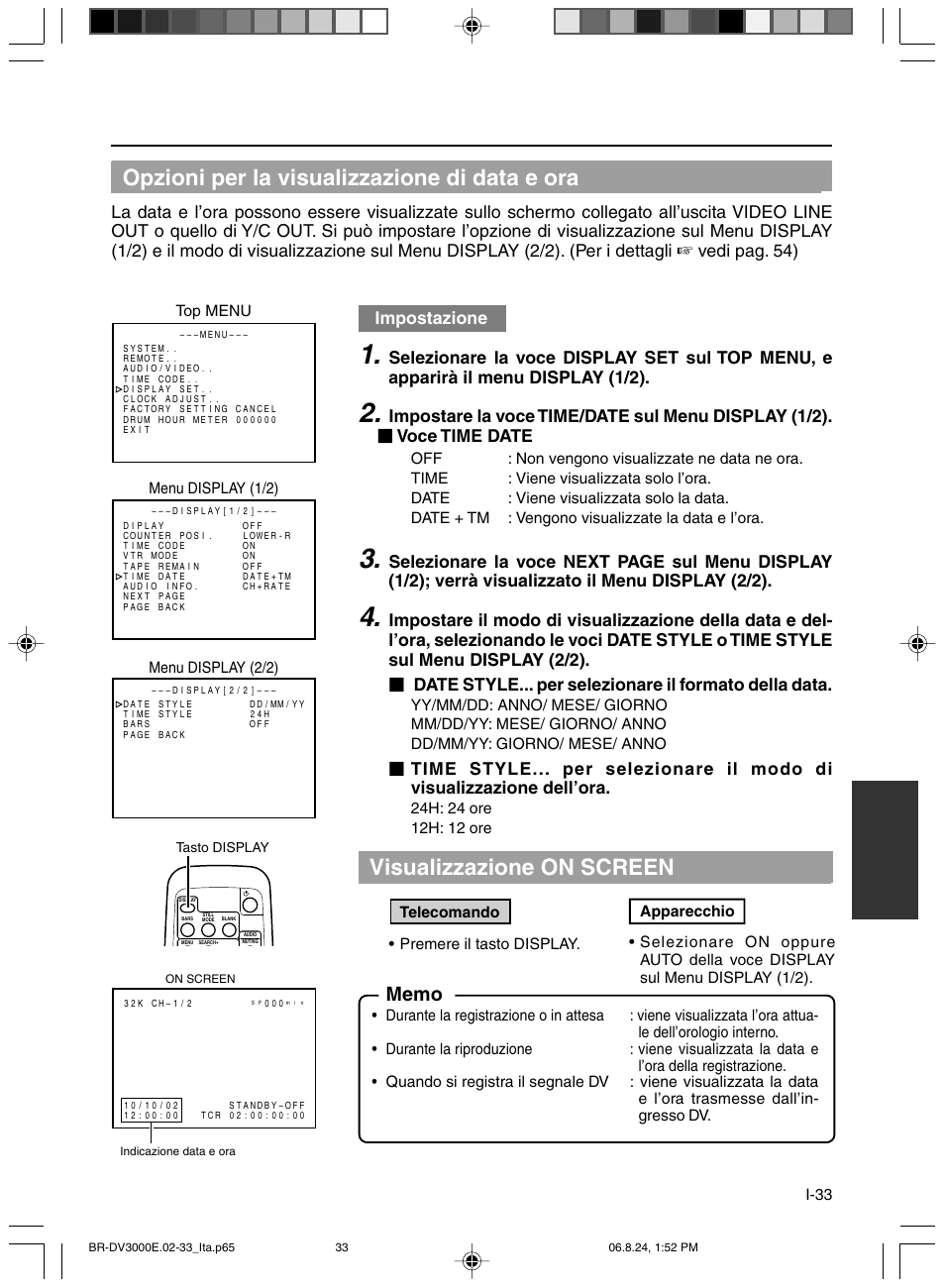 Opzioni per la visualizzazione di data e ora, Visualizzazione on screen, Impostazione | JVC BR-DV600AE User Manual | Page 317 / 356