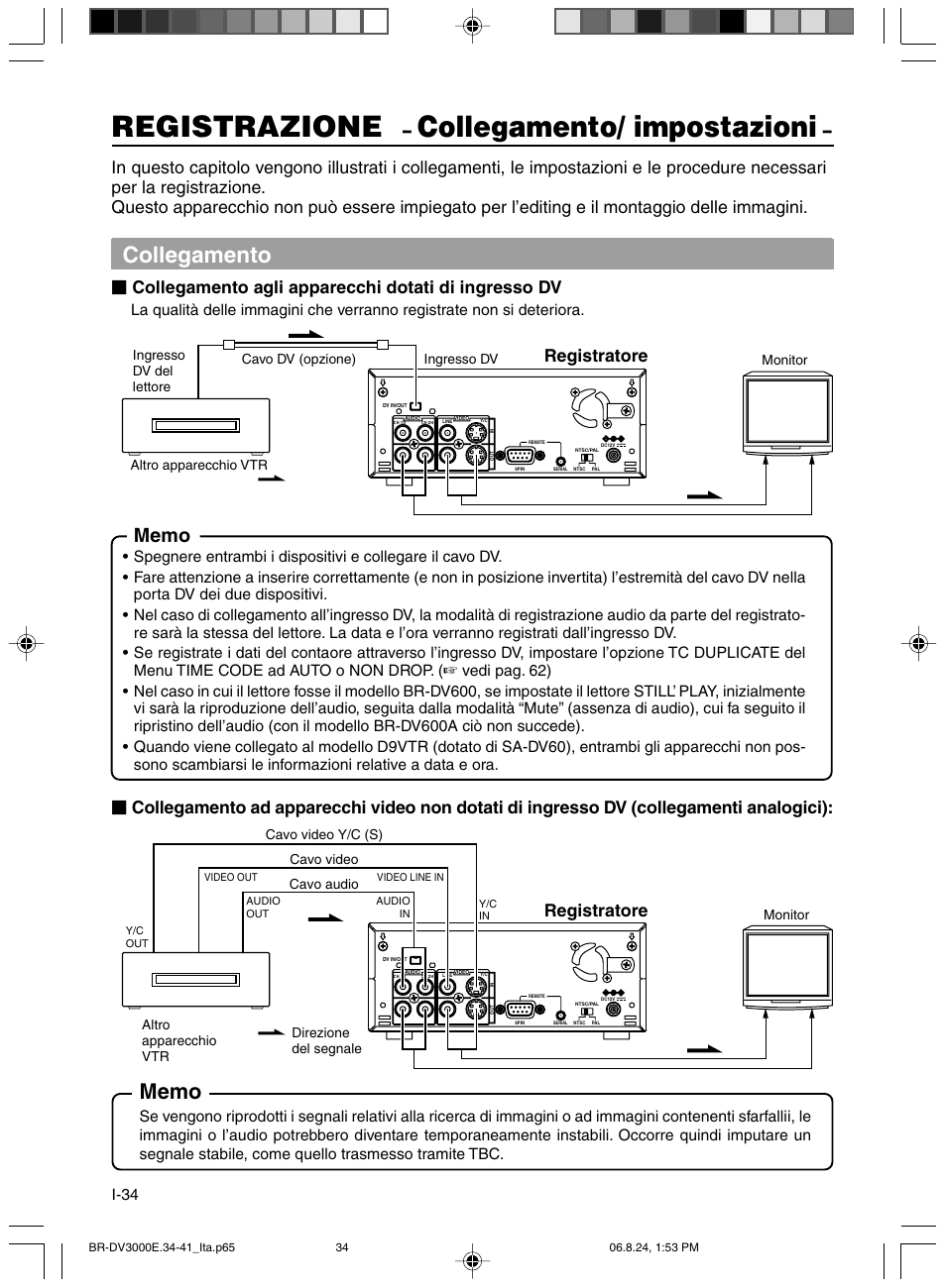 Registrazione, Collegamento/ impostazioni, Collegamento | Collegamento agli apparecchi dotati di ingresso dv, Registratore, I-34 | JVC BR-DV600AE User Manual | Page 318 / 356