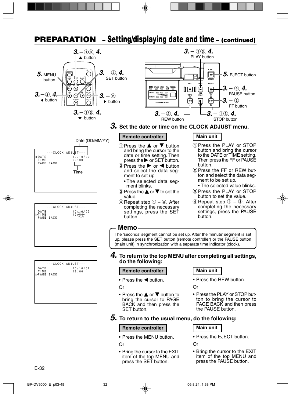 Setting/displaying date and time, Preparation, Continued) | JVC BR-DV600AE User Manual | Page 32 / 356
