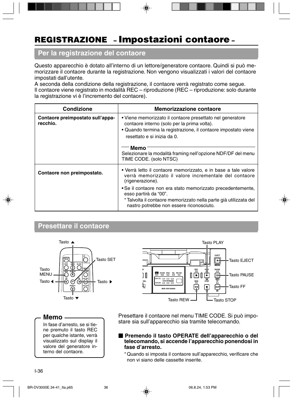 Impostazioni contaore, Registrazione, Per la registrazione del contaore | Presettare il contaore, I-36 | JVC BR-DV600AE User Manual | Page 320 / 356