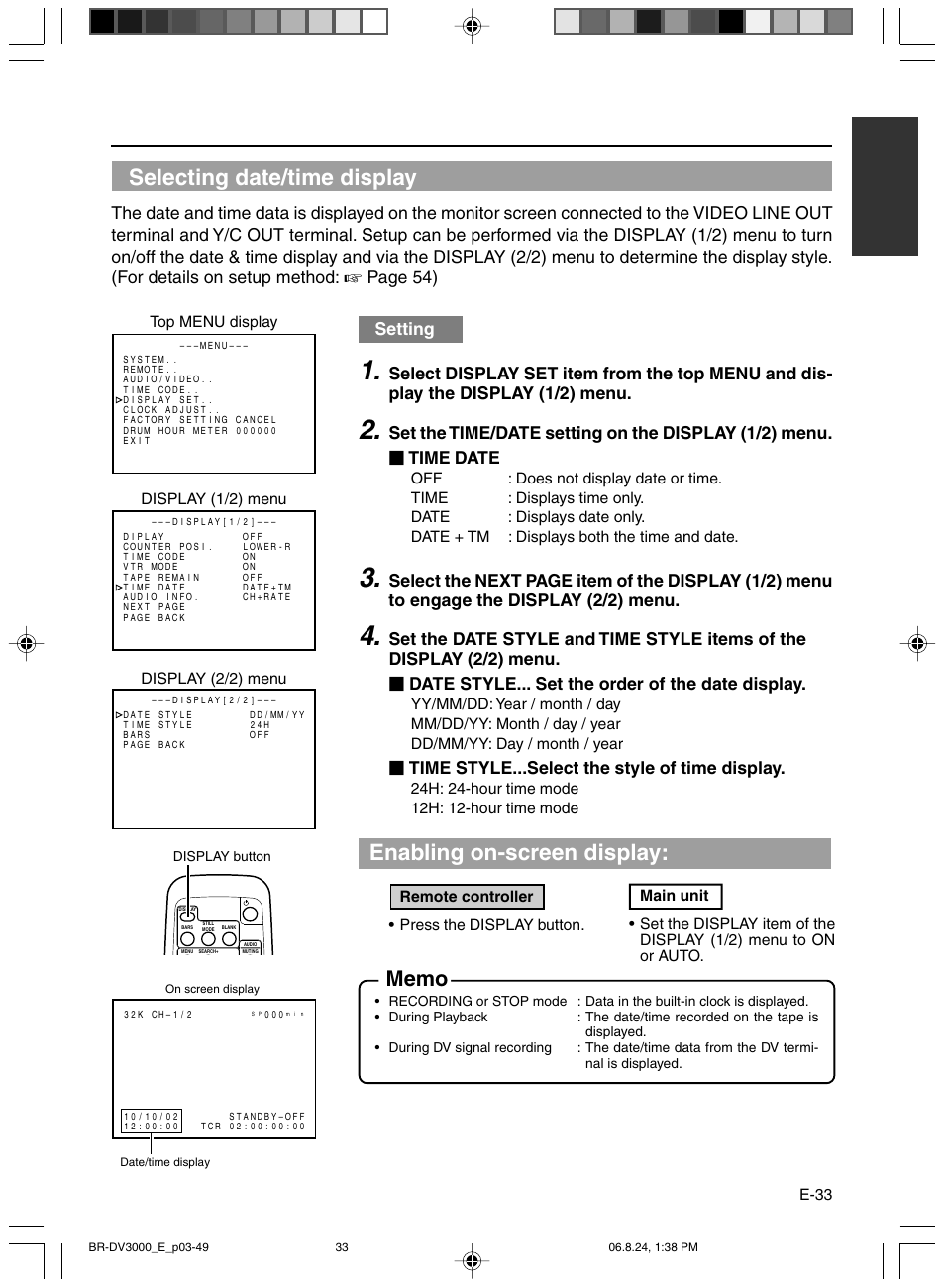 Selecting date/time display, Enabling on-screen display, Page 54) | Setting, Time style...select the style of time display | JVC BR-DV600AE User Manual | Page 33 / 356
