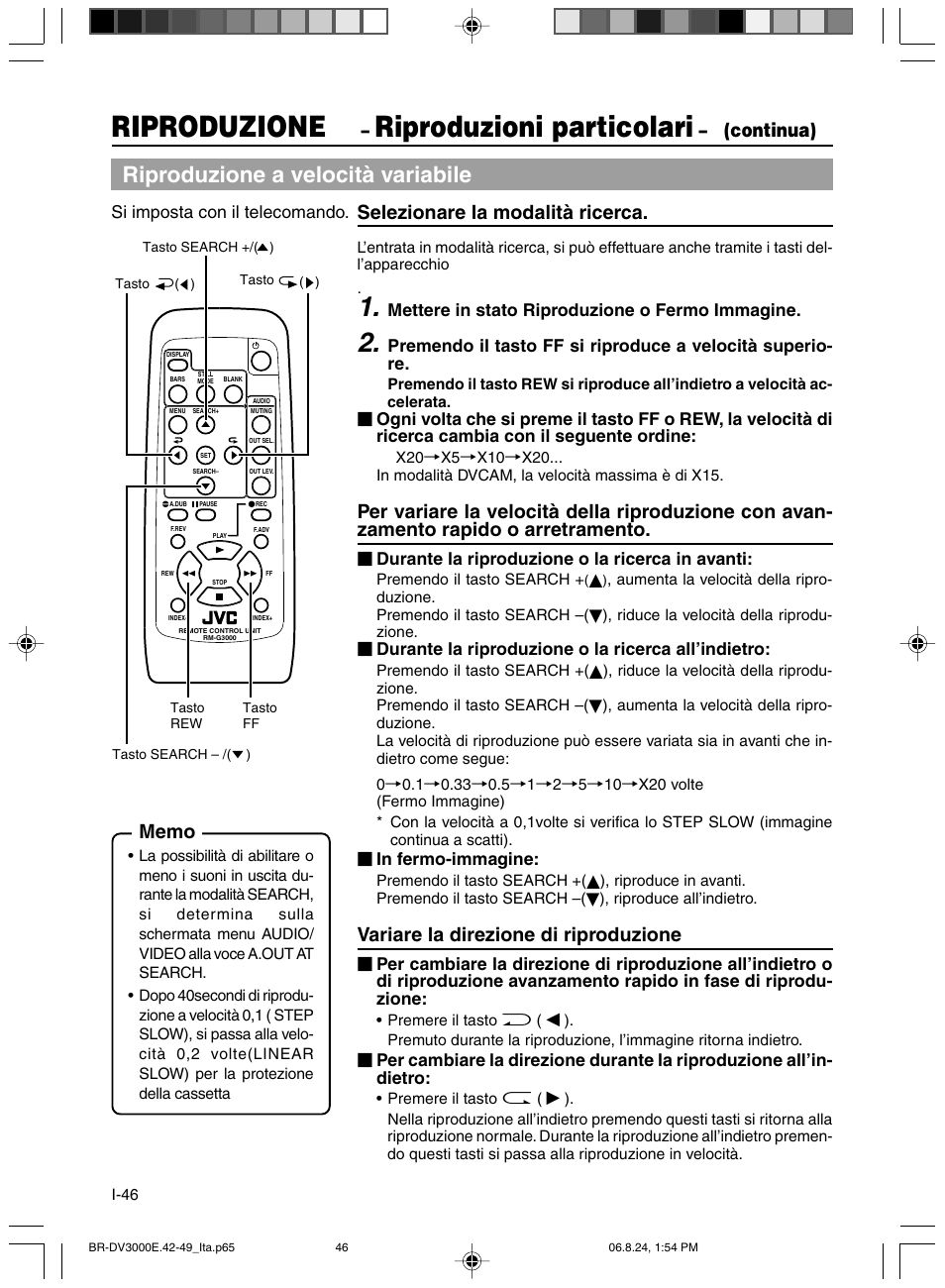 Riproduzione, Riproduzioni particolari, Riproduzione a velocità variabile | Continua), Selezionare la modalità ricerca, Variare la direzione di riproduzione | JVC BR-DV600AE User Manual | Page 330 / 356