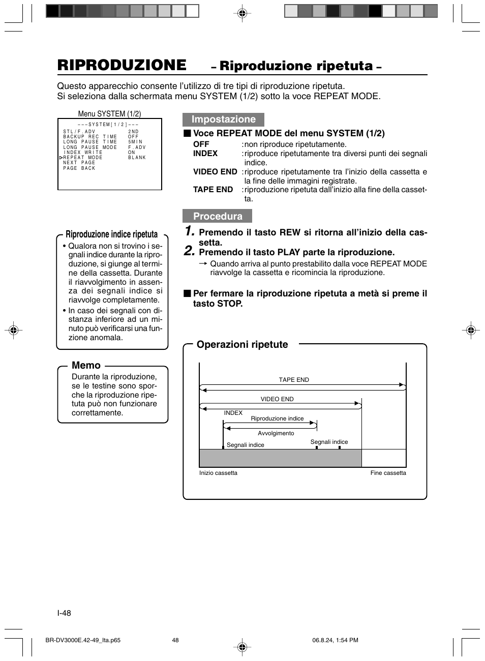 Riproduzione ripetuta, Riproduzione, Impostazione | Procedura, Operazioni ripetute riproduzione indice ripetuta | JVC BR-DV600AE User Manual | Page 332 / 356