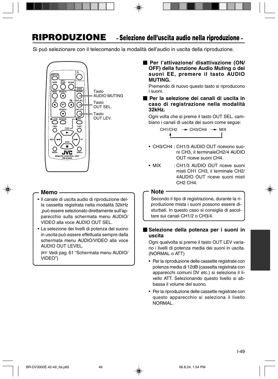 Selezione dell’uscita audio nella riproduzione, Riproduzione, Selezione della potenza per i suoni in uscita | JVC BR-DV600AE User Manual | Page 333 / 356