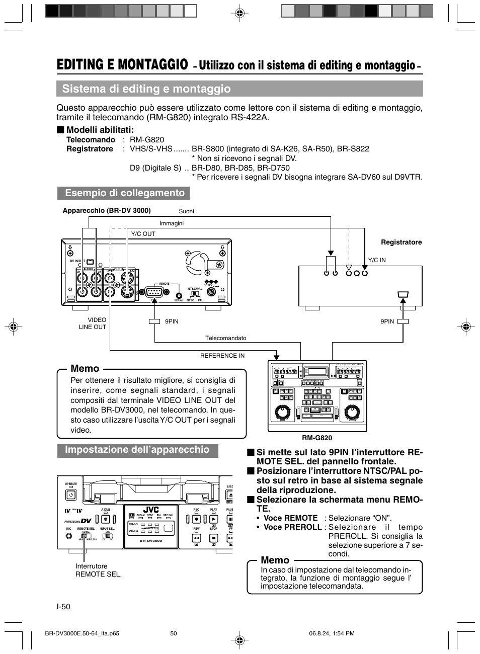 Editing e montaggio, Utilizzo con il sistema di editing e montaggio, Sistema di editing e montaggio | Impostazione dell’apparecchio | JVC BR-DV600AE User Manual | Page 334 / 356