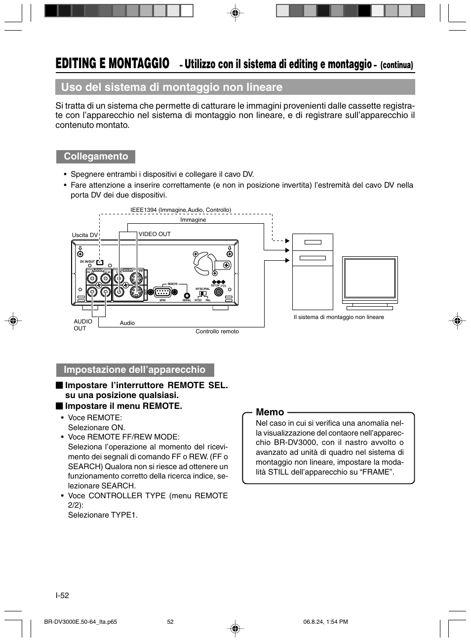 Editing e montaggio, Utilizzo con il sistema di editing e montaggio, Uso del sistema di montaggio non lineare | Continua) collegamento | JVC BR-DV600AE User Manual | Page 336 / 356