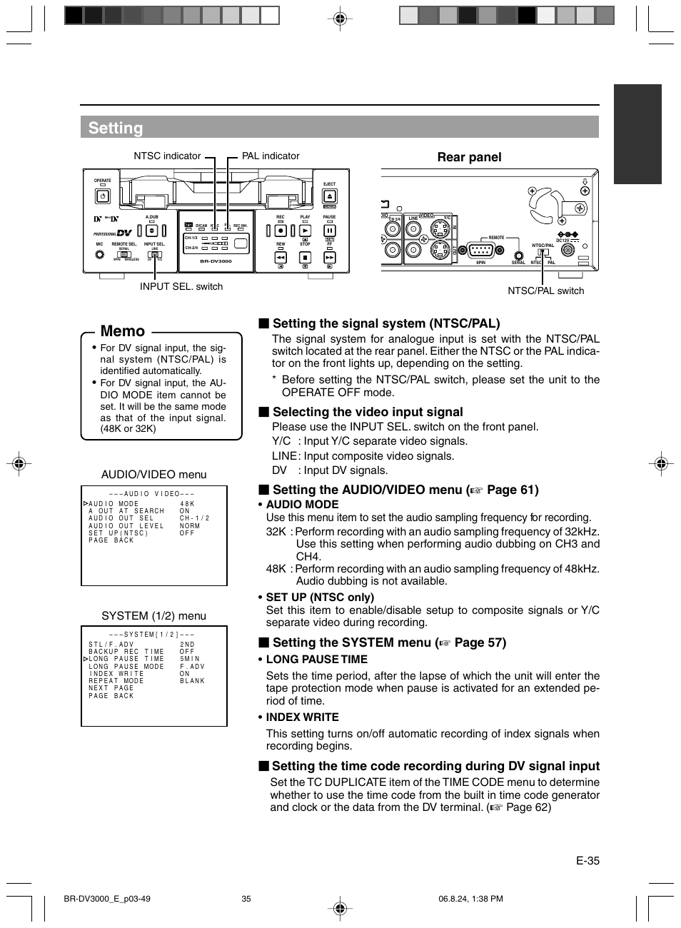 Setting, Rear panel, Setting the signal system (ntsc/pal) | Selecting the video input signal, Setting the audio/video menu, Page 61), Setting the system menu ( ☞ page 57), E-35, Audio/video menu system (1/2) menu, Page 62) | JVC BR-DV600AE User Manual | Page 35 / 356