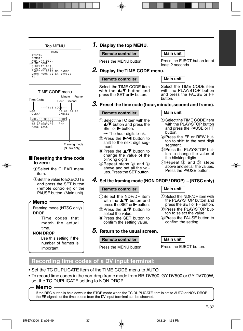Recording time codes of a dv input terminal | JVC BR-DV600AE User Manual | Page 37 / 356