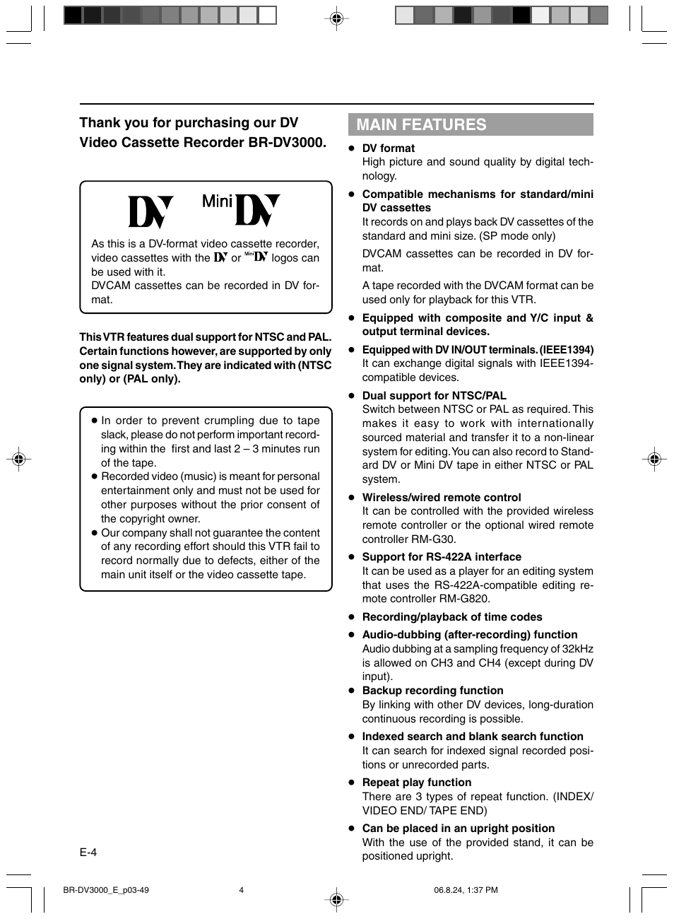 Main features | JVC BR-DV600AE User Manual | Page 4 / 356