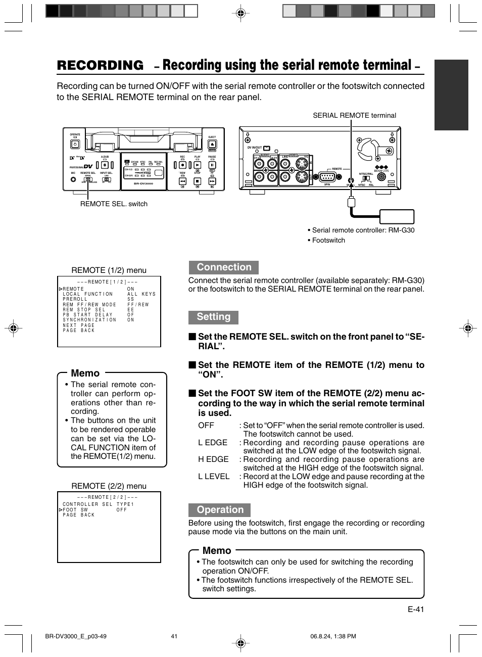 Recording using the serial remote terminal, Recording, Connection | Setting, Operation, E-41, Remote (1/2) menu remote (2/2) menu | JVC BR-DV600AE User Manual | Page 41 / 356