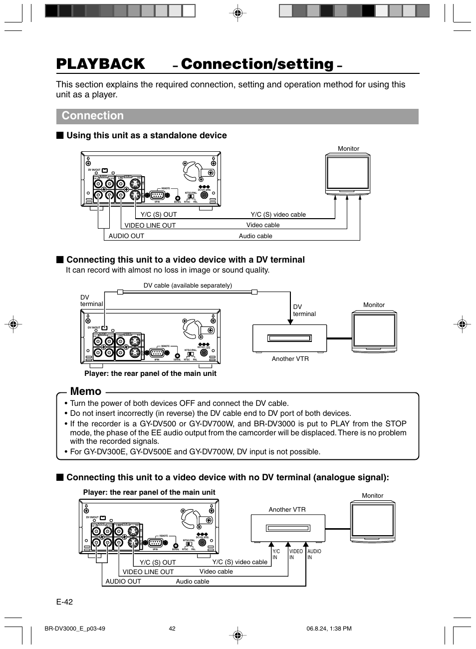 Playback, Connection/setting, Connection | Using this unit as a standalone device, E-42, Player: the rear panel of the main unit | JVC BR-DV600AE User Manual | Page 42 / 356