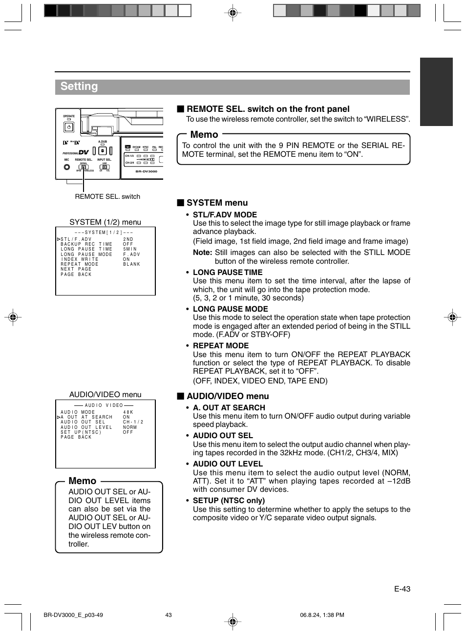 Setting, Remote sel. switch on the front panel, System menu | Audio/video menu, E-43, System (1/2) menu audio/video menu | JVC BR-DV600AE User Manual | Page 43 / 356