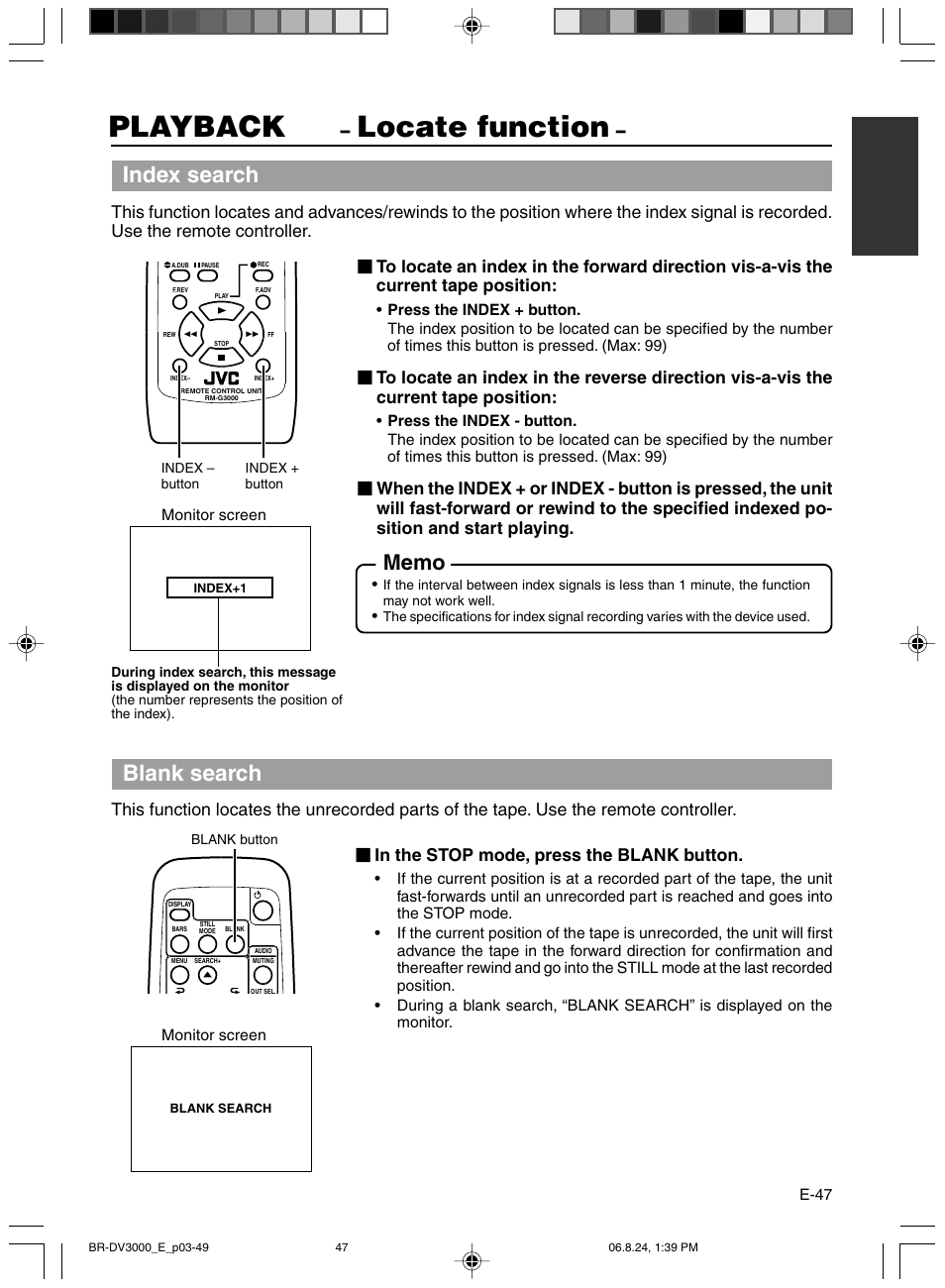 Locate function, Playback, Index search | Blank search | JVC BR-DV600AE User Manual | Page 47 / 356