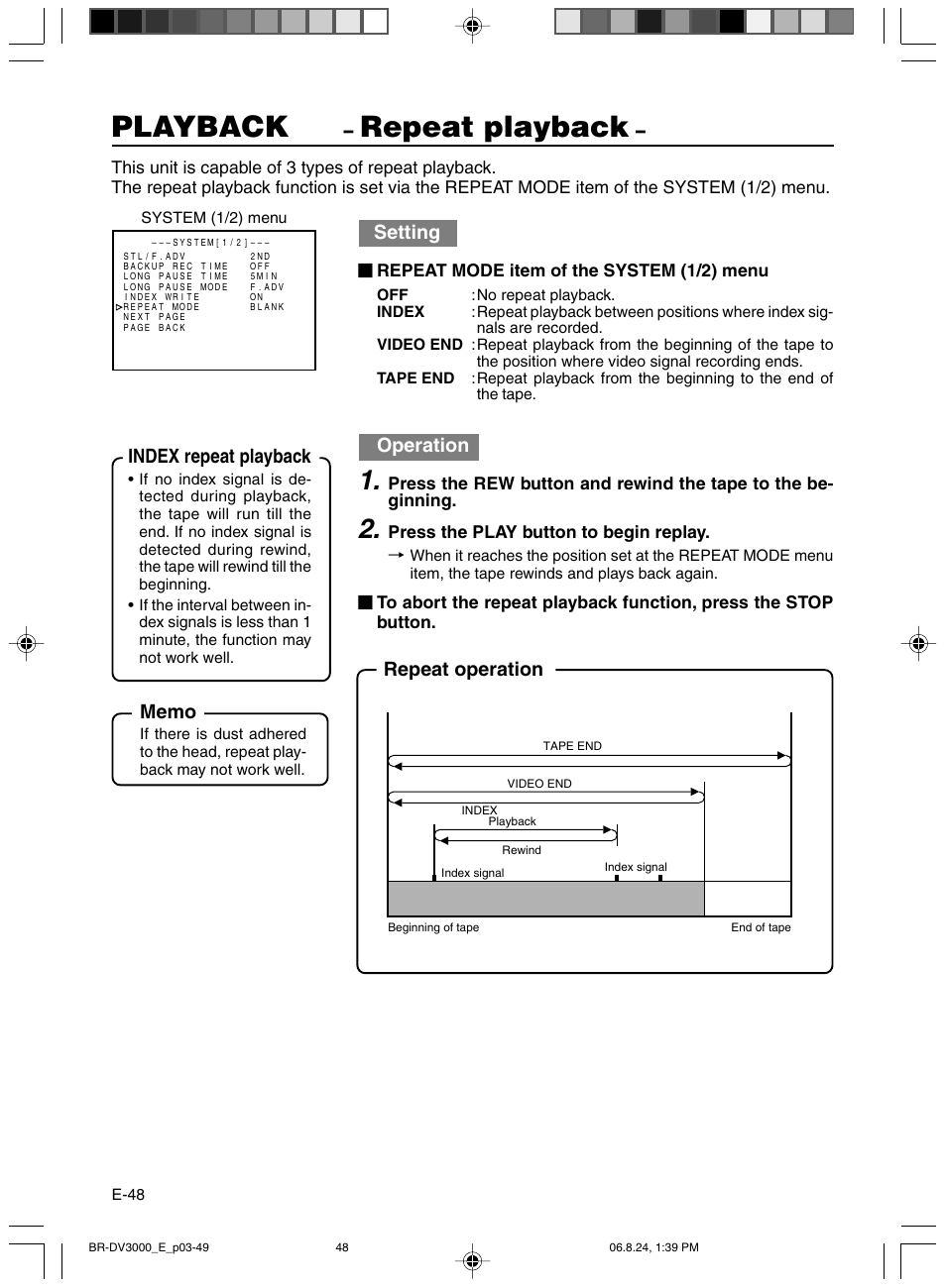 Repeat playback, Playback, Setting | Operation, Repeat operation index repeat playback | JVC BR-DV600AE User Manual | Page 48 / 356