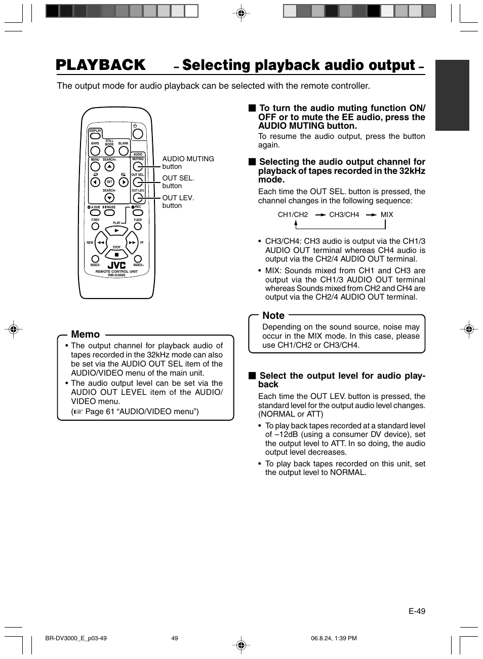 Selecting playback audio output, Playback, Select the output level for audio play- back | JVC BR-DV600AE User Manual | Page 49 / 356