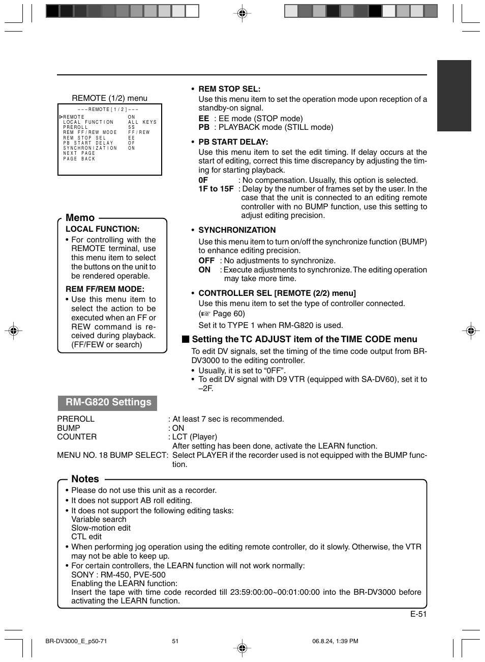 Rm-g820 settings, Setting the tc adjust item of the time code menu | JVC BR-DV600AE User Manual | Page 51 / 356