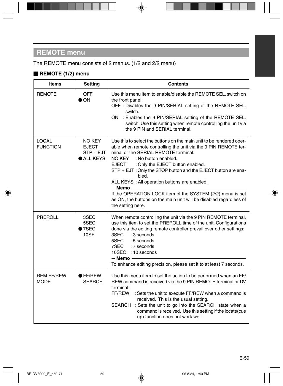 Remote menu | JVC BR-DV600AE User Manual | Page 59 / 356
