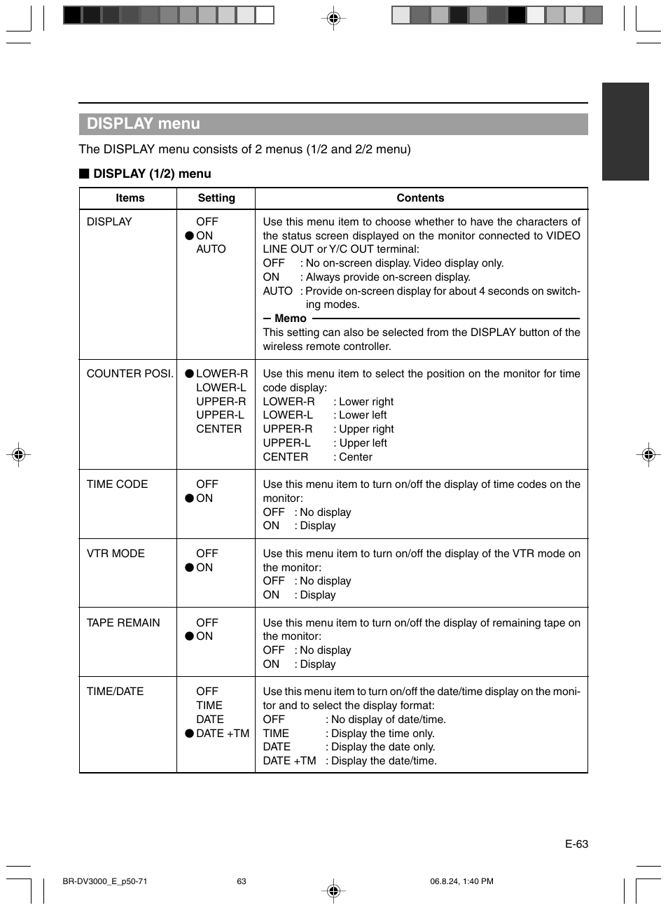 Display menu | JVC BR-DV600AE User Manual | Page 63 / 356