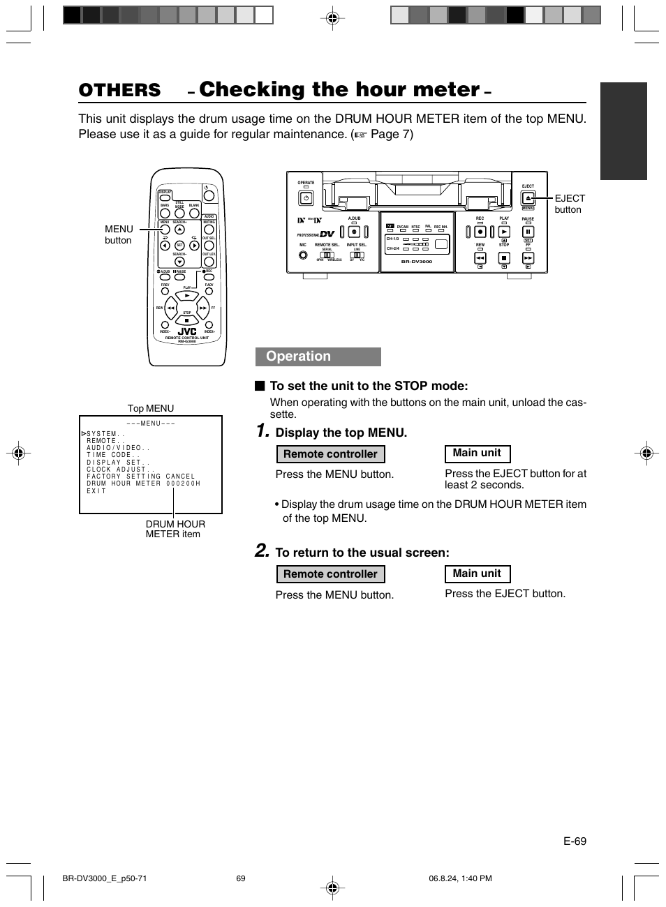 Checking the hour meter, Others, Operation | Page 7), Display the top menu, E-69 | JVC BR-DV600AE User Manual | Page 69 / 356