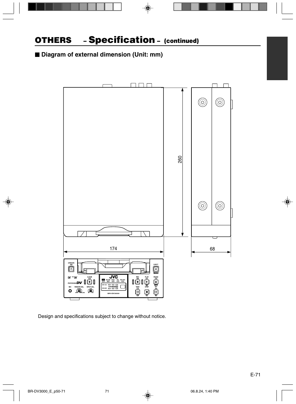 Specification, Others, Continued) | Diagram of external dimension (unit: mm), E-71 | JVC BR-DV600AE User Manual | Page 71 / 356