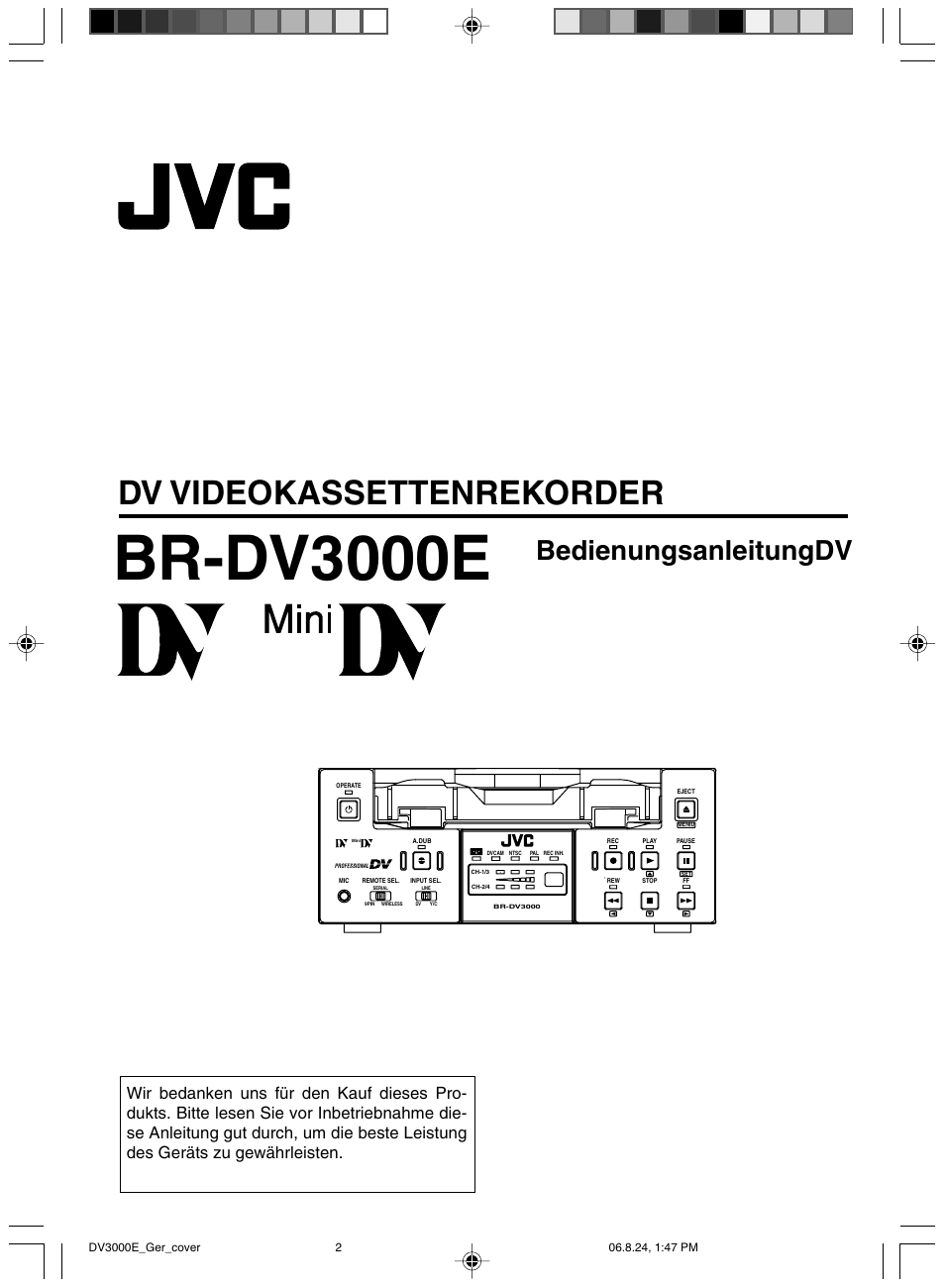 Deutsch, Br-dv3000e, Dv videokassettenrekorder | Bedienungsanleitungdv | JVC BR-DV600AE User Manual | Page 72 / 356