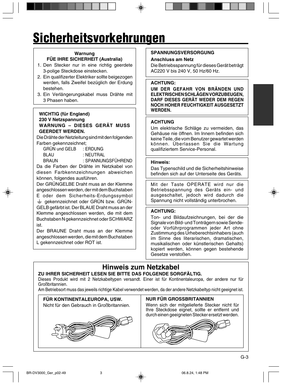 Sicherheitsvorkehrungen, Hinweis zum netzkabel | JVC BR-DV600AE User Manual | Page 74 / 356