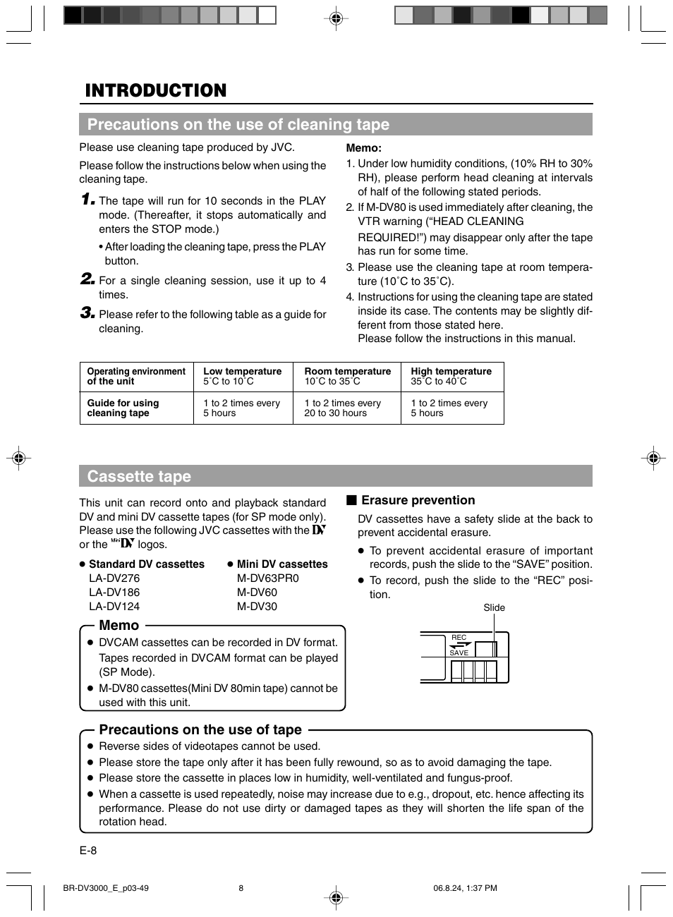 Precautions on the use of cleaning tape, Cassette tape, Introduction | Precautions on the use of tape | JVC BR-DV600AE User Manual | Page 8 / 356