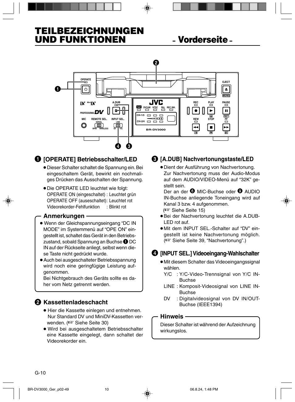 Teilbezeichnungen und funktionen, Vorderseite, Operate] betriebsschalter/led | Anmerkungen, Kassettenladeschacht, A.dub] nachvertonungstaste/led, Input sel.] videoeingang-wahlschalter, Hinweis | JVC BR-DV600AE User Manual | Page 81 / 356